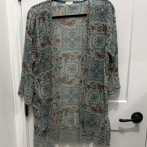 Floral Lace Trim Kimono Cardigan